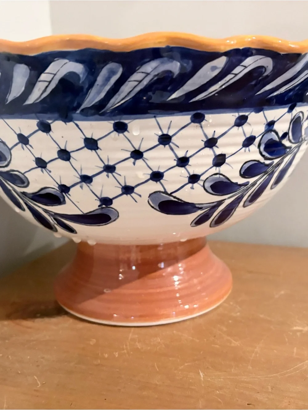 Terra Nova Hand-Painted Blue and Cream Ceramic Pedestal Bowl